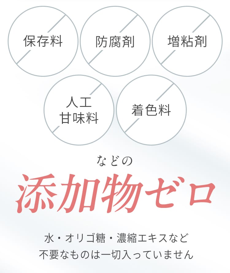 保存料、防腐剤、増粘剤、人工甘味料、着色料などの添加物ゼロ